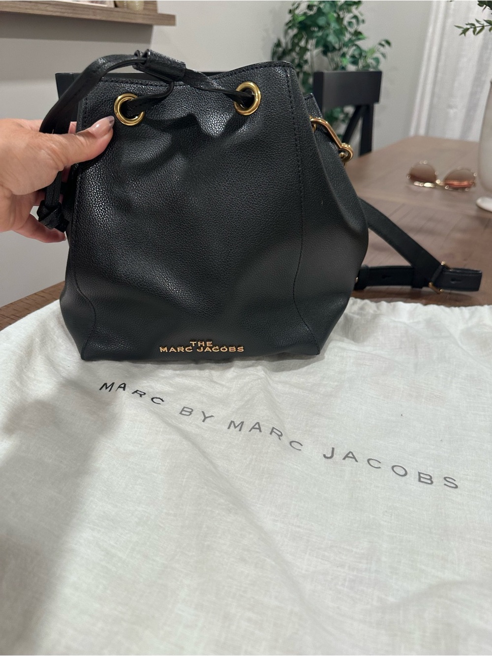Marc Jacobs Black Pebbled Leather Drawstring Bucket Crossbody with Gold Hardware